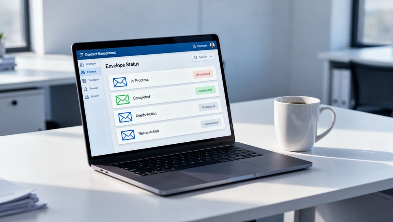 Modern illustration in clean shapes and blues-whites palette shows a laptop screen displaying DocuSign dashboard with envelopes list and status icons like in progress, completed, needs action, plus a coffee mug on desk under soft office lighting.