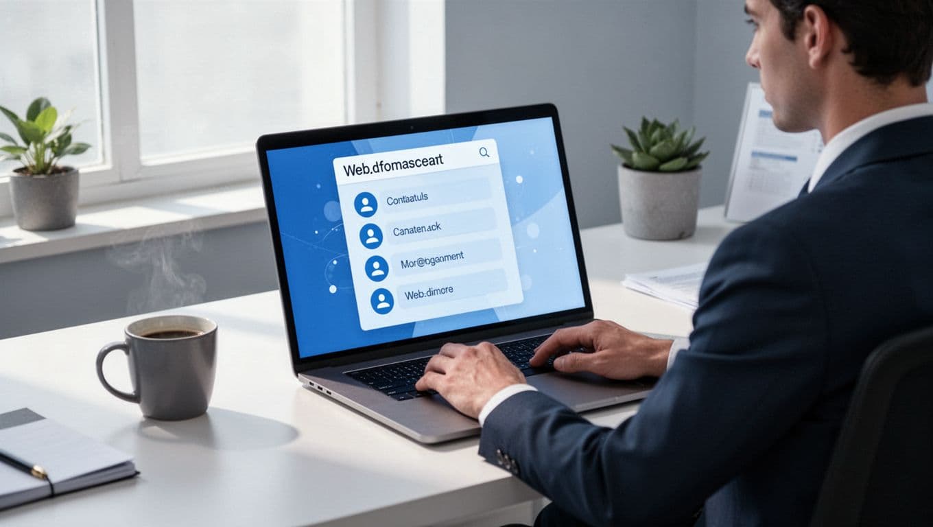 Modern illustration of a person at a desk using a laptop to enter a company domain like example.com into a search bar, displaying results with professional email addresses. Clean office setting with coffee mug, blue and white palette, soft lighting, focus on search action.