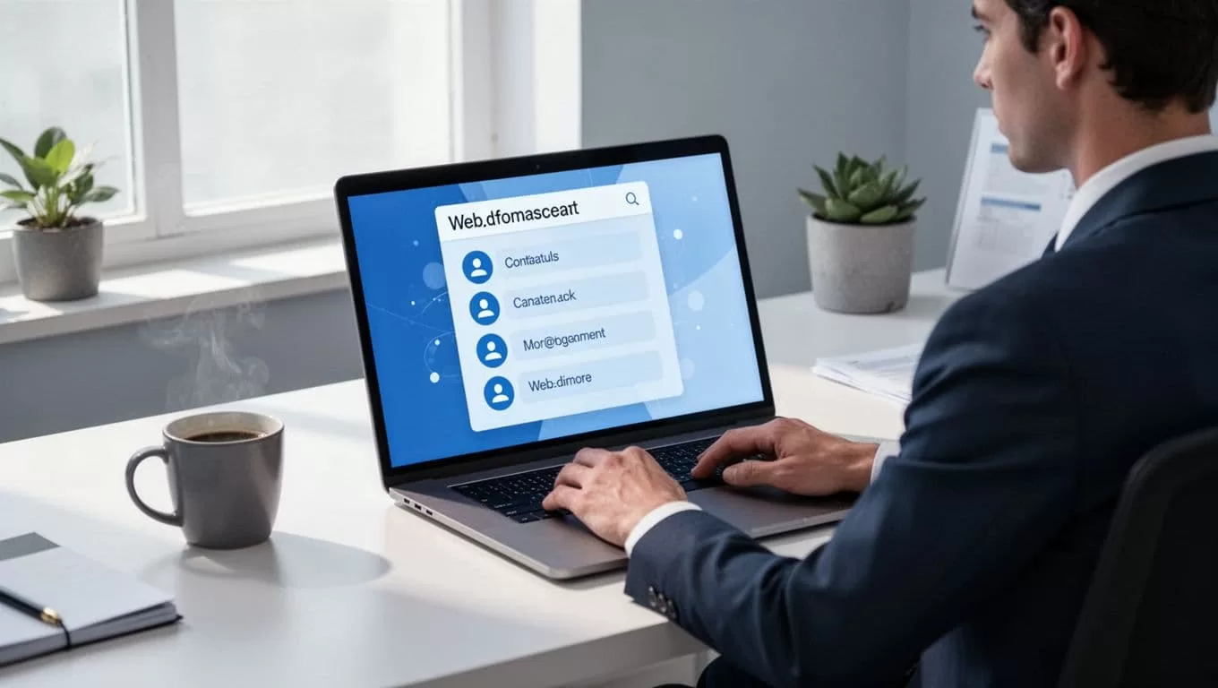 Modern illustration of a person at a desk using a laptop to enter a company domain like example.com into a search bar, displaying results with professional email addresses. Clean office setting with coffee mug, blue and white palette, soft lighting, focus on search action.