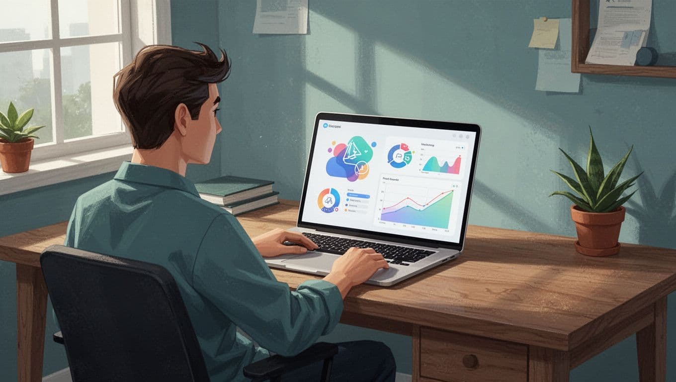 Modern illustration of a single person in a cozy home office viewing a laptop screen displaying domain search results for an ecommerce store domain like 'coolshoes.com', showing a list of emails including the owner's, with clean shapes in a controlled blue and green palette and soft natural lighting.