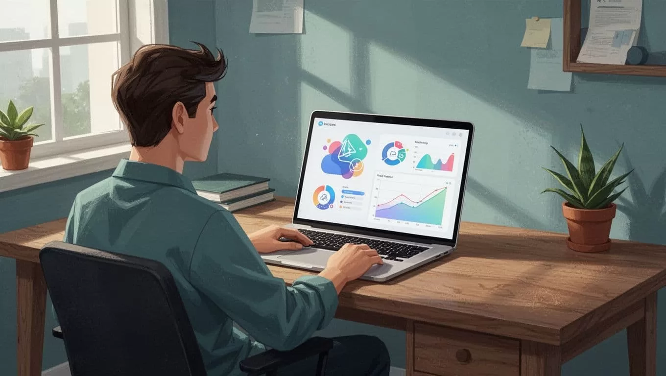 Modern illustration of a single person in a cozy home office viewing a laptop screen displaying domain search results for an ecommerce store domain like 'coolshoes.com', showing a list of emails including the owner's, with clean shapes in a controlled blue and green palette and soft natural lighting.
