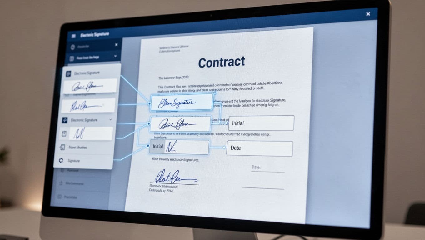 Modern illustration in clean blues and whites showing a close-up of a digital contract on screen with signature, initial, and date signed fields being dragged from the left panel onto the document.
