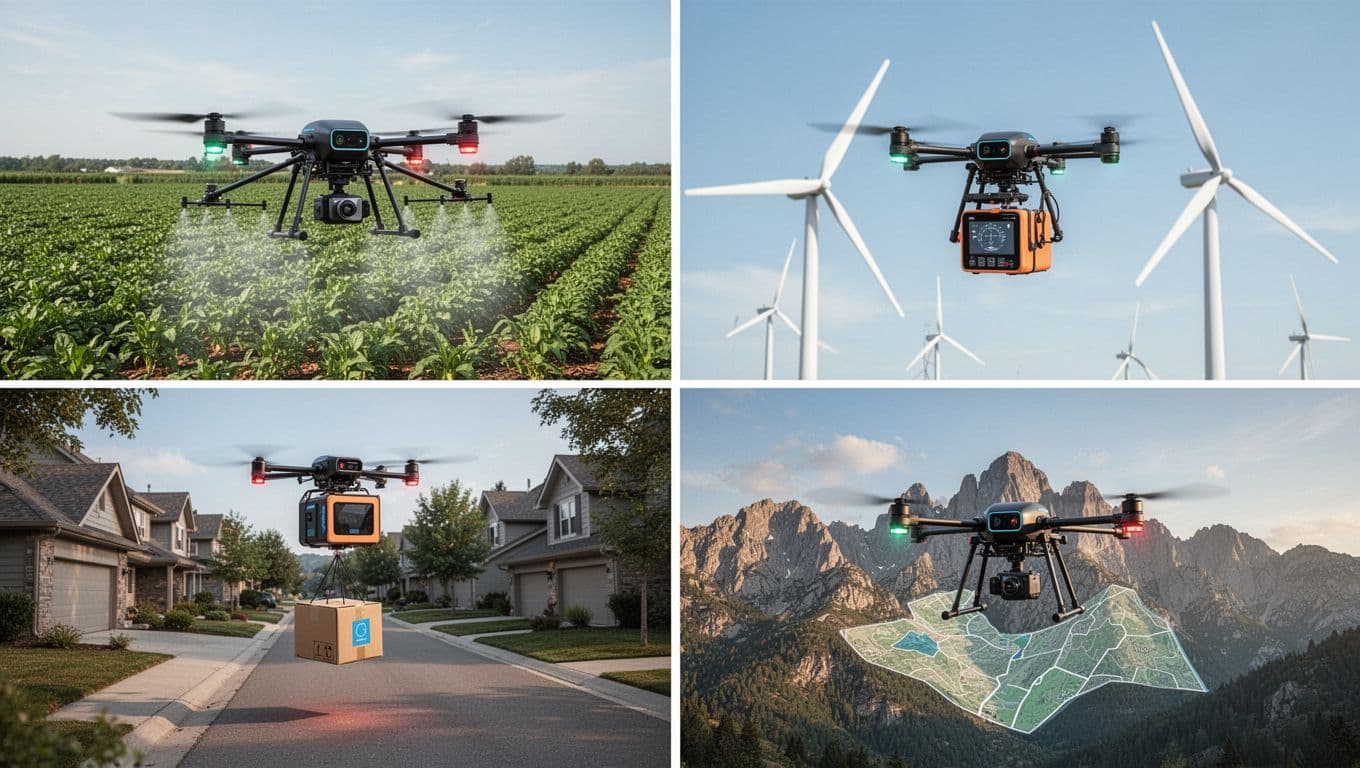 Modern illustration of four drone market segments: agricultural drone spraying crops, delivery drone dropping a package, inspection drone scanning wind turbine, and mapping drone over rugged terrain, in a clean blue-green-orange palette.