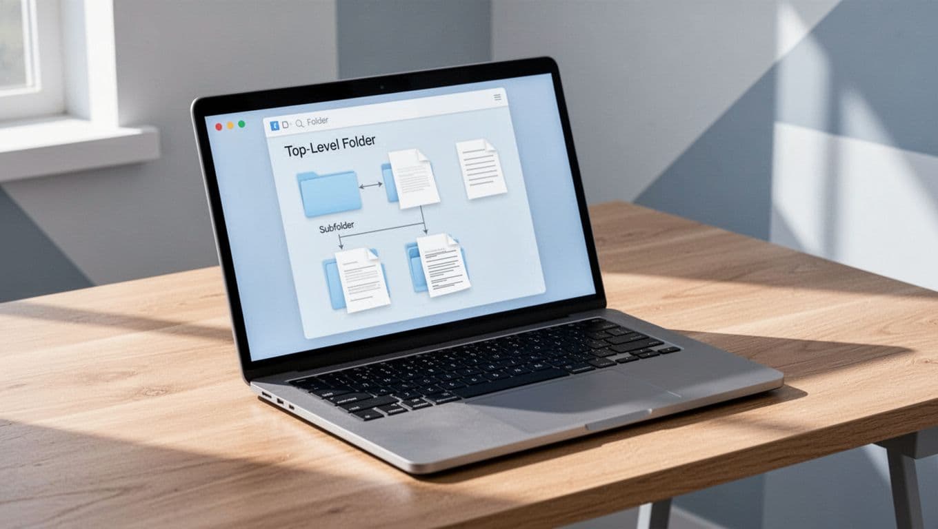 Modern illustration of a hierarchical folder structure for Dropbox client deliverables, displayed on a laptop screen angled on a wooden desk with natural lighting.