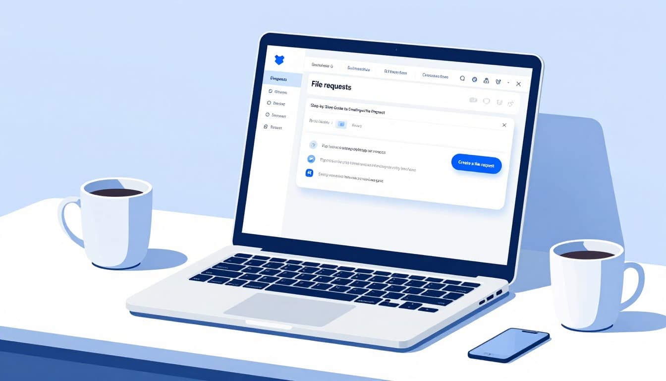 Modern flat illustration of Dropbox web dashboard on a laptop screen in an office desk setup with coffee mug, highlighting file requests sidebar, create button, and folder selection dialog.