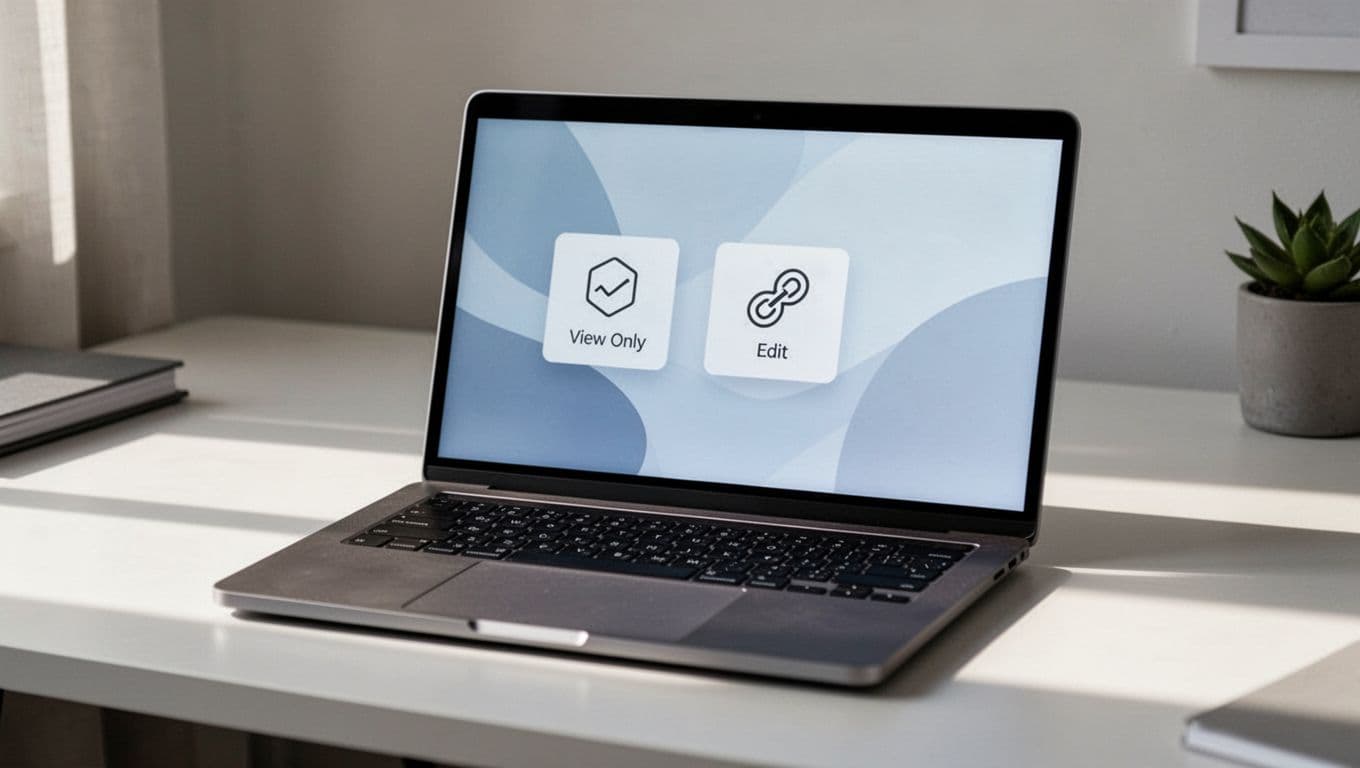 Modern illustration of a laptop screen showing Dropbox shared folder settings with icons for view-only client permissions and edit access for team members, viewed at a slight angle on a clean desk with soft natural lighting.