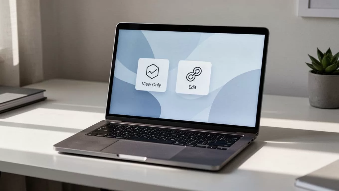 Modern illustration of a laptop screen showing Dropbox shared folder settings with icons for view-only client permissions and edit access for team members, viewed at a slight angle on a clean desk with soft natural lighting.