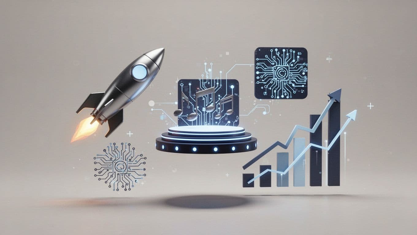 Modern illustration of trend icons including space rocket, music stage, AI circuit, and rising graphs arranged dynamically on a virtual board with neutral background, soft lighting, clean shapes, and strong composition.