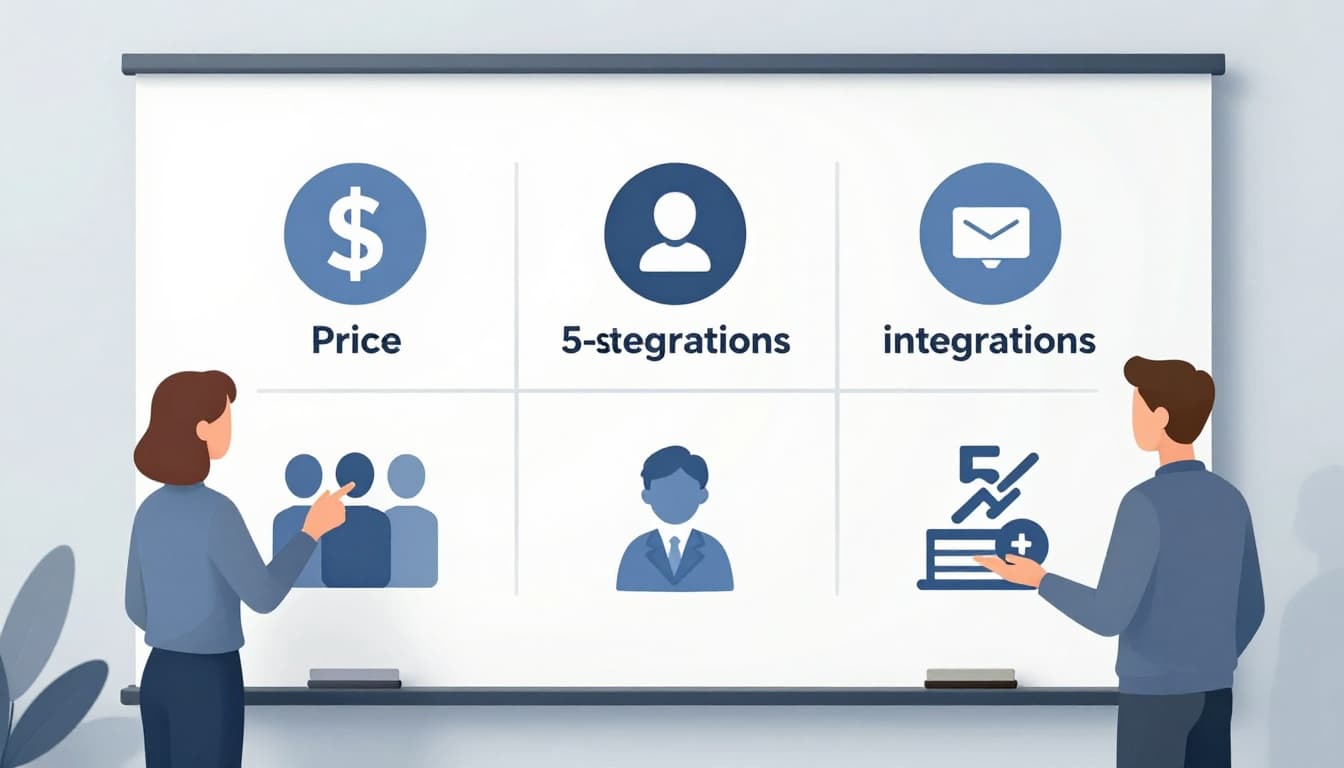 Modern illustration showing a simple comparison chart on a whiteboard with icons for price, speed, and integrations across 5 e-signature tools; small team members pointing and discussing.