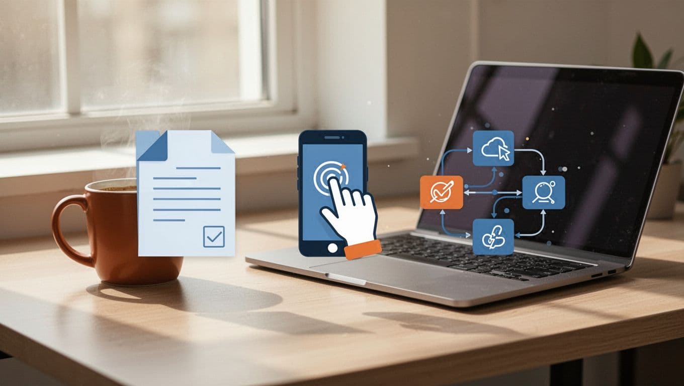 Illustration of e-signature tool icons and features like templates, mobile signing, and automation workflows on a clean desk setup with subtle freelancer elements. Modern style with clean shapes in blues and earth tones.