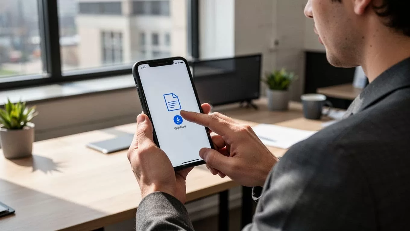 Modern illustration of one person in a workspace attentively tapping the upload button on a smartphone app screen at a slight angle, with a PDF icon nearby, natural window light.
