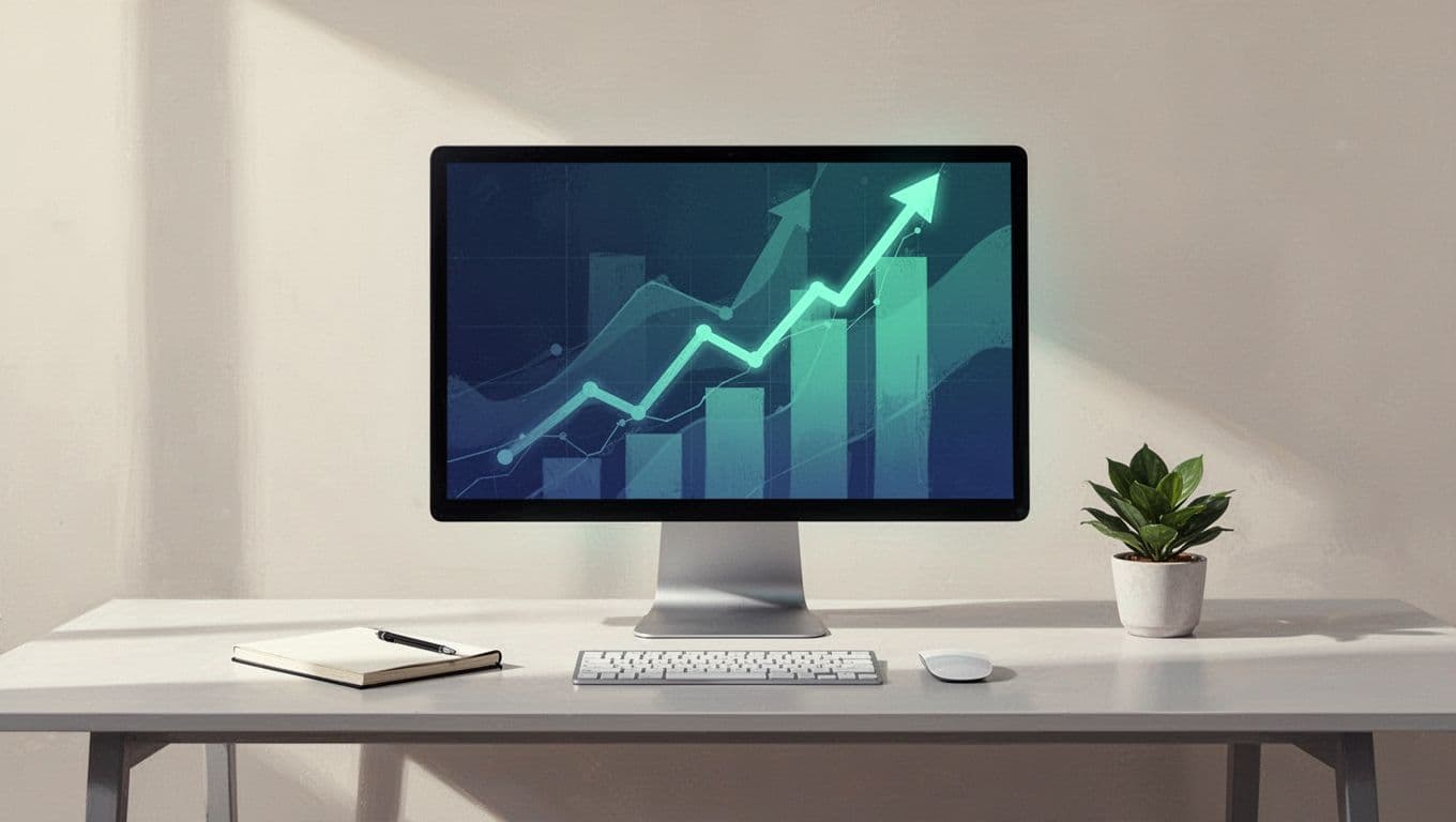 Modern illustration of an ecommerce dashboard screen showing rising trends for AI tools and furniture sales, on a desk with one computer monitor, notepad, and plant. Clean blue-green palette, no people, text, or logos.