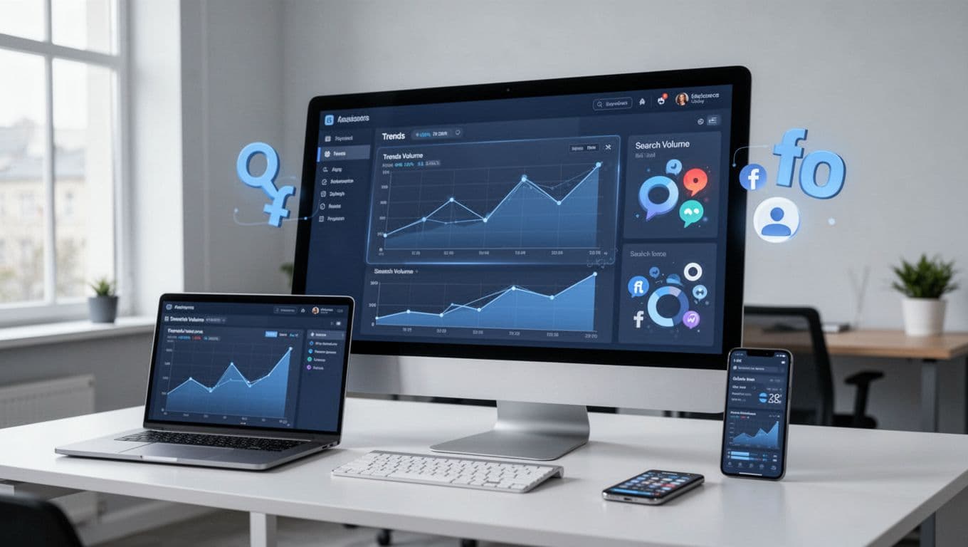 Modern illustration of an ecommerce dashboard integrating Google Trends data with Amazon search volume and social media icons on a multi-panel computer screen, set in a clean modern office with one laptop and one phone nearby, using a blue-gray palette.