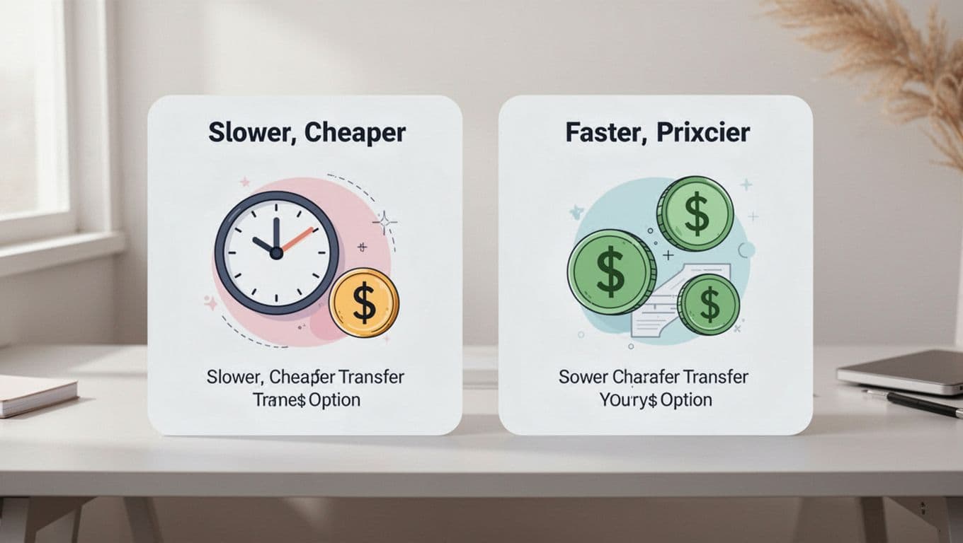 Side-by-side chart shows economy option slower and cheaper next to express faster and pricier with time and money icons on desk background.