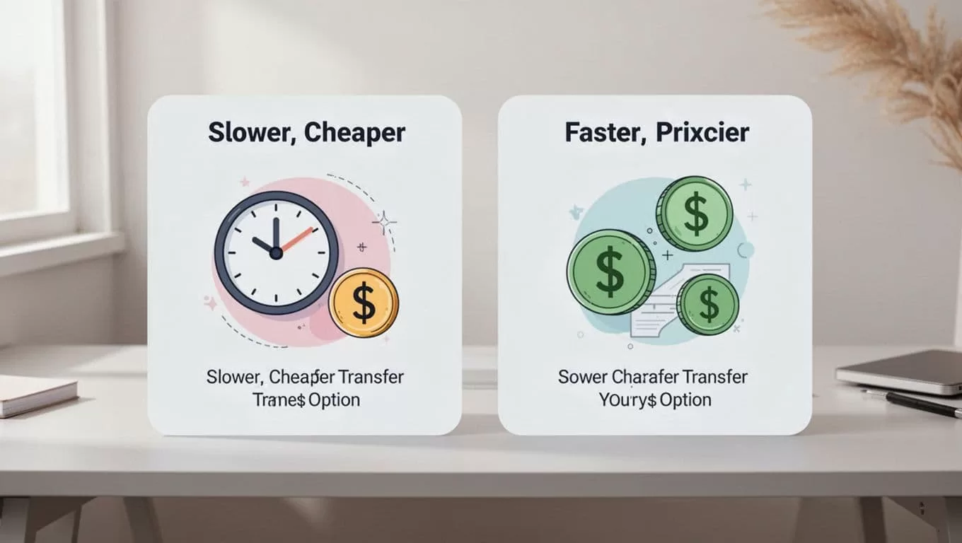 Side-by-side chart shows economy option slower and cheaper next to express faster and pricier with time and money icons on desk background.