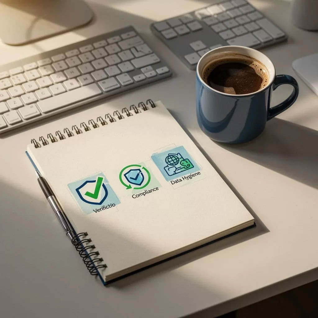 Modern illustration of a checklist for email best practices featuring icons for verification, compliance, and data hygiene on a notepad beside a coffee mug and keyboard in a clean workspace with warm morning light.