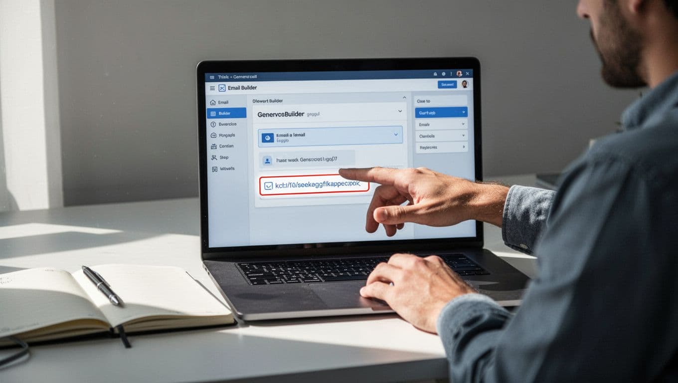 Laptop screen shows email marketing dashboard or builder interface at a slight angle, with marketer's hand hovering over a link in the email preview featuring appended UTM parameters. Modern illustration style with clean shapes, blues and grays palette, on a simple desk with notebook and soft lighting.