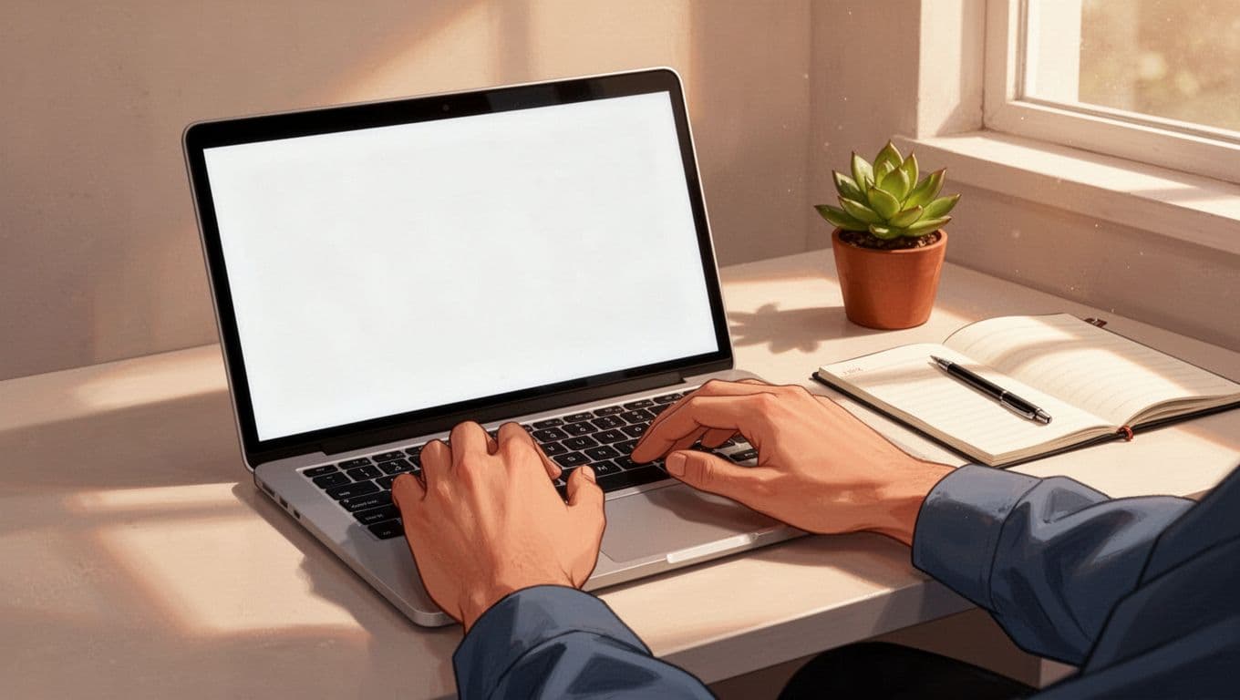 Modern illustration of hands typing on an open laptop in a simple workspace with plant, notepad, and warm window light, emphasizing natural email crafting process.