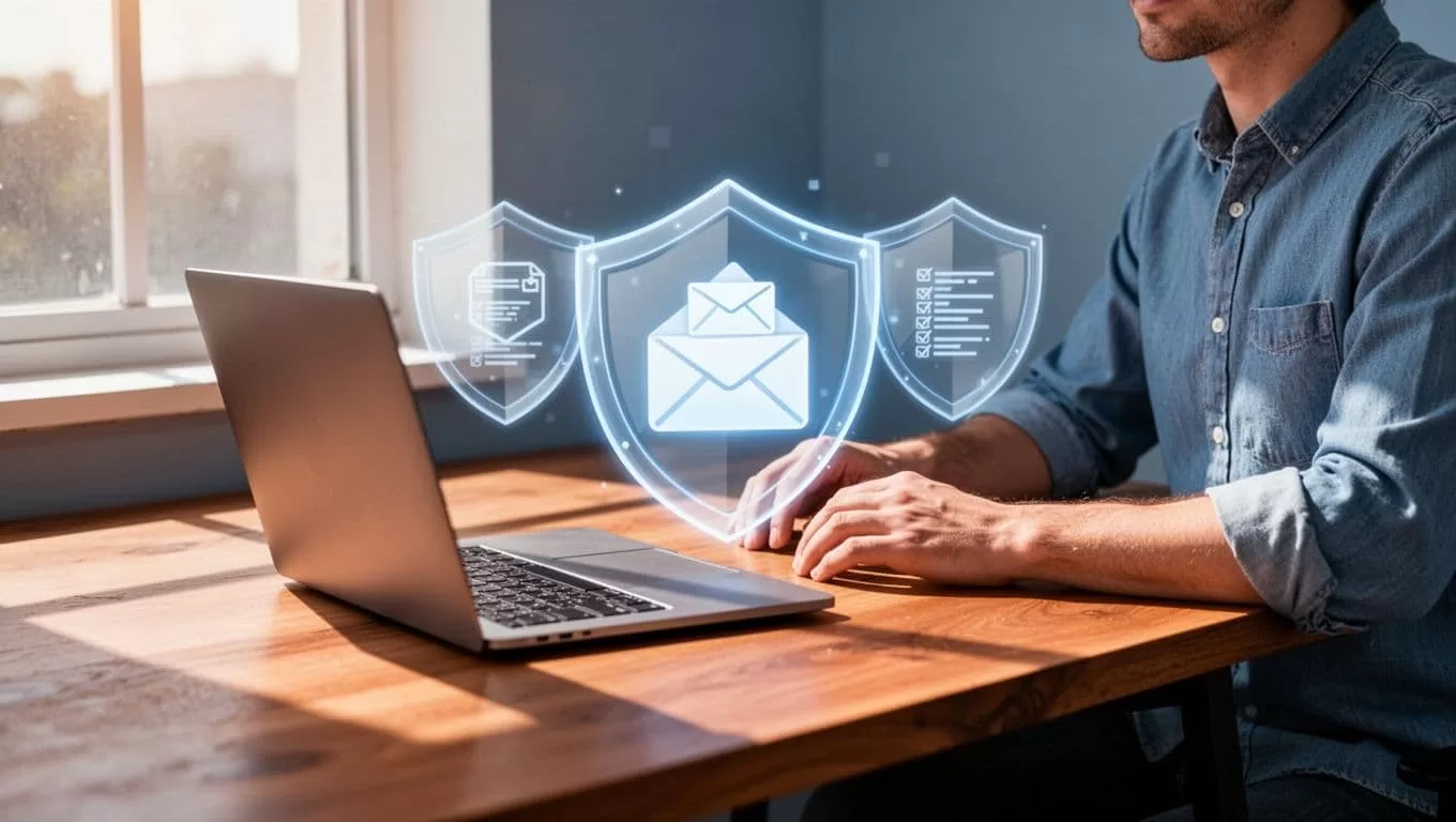 Modern illustration depicting SPF, DKIM, and DMARC icons as shields protecting a custom domain inbox from a red spam folder, featuring a laptop on a wooden desk with an open email interface and one relaxed person nearby.