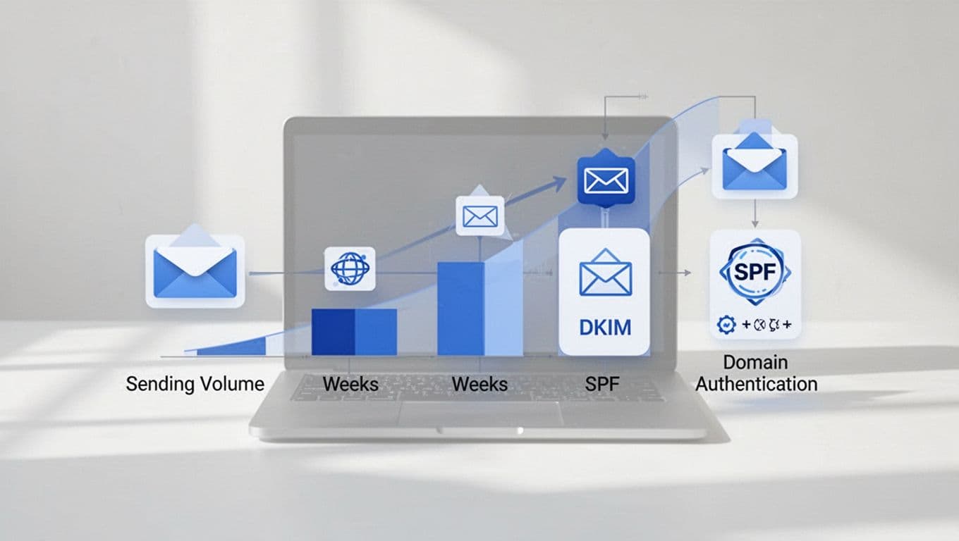 Modern minimalist illustration in blues and whites showing email domain warm-up steps via clean icons and flowchart: gradual sending volume increase over weeks, SPF and DKIM authentication, subtle laptop background.