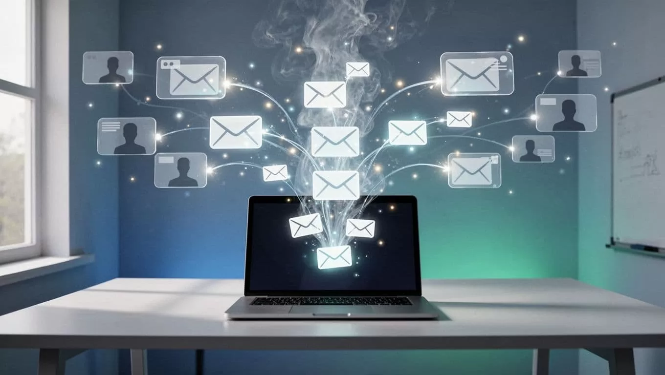Modern illustration of an email inbox warming up with a new laptop on a desk emitting glowing email icons like steam, connecting to a network of other inboxes exchanging positive signals in clean shapes and soft blue-green tones.