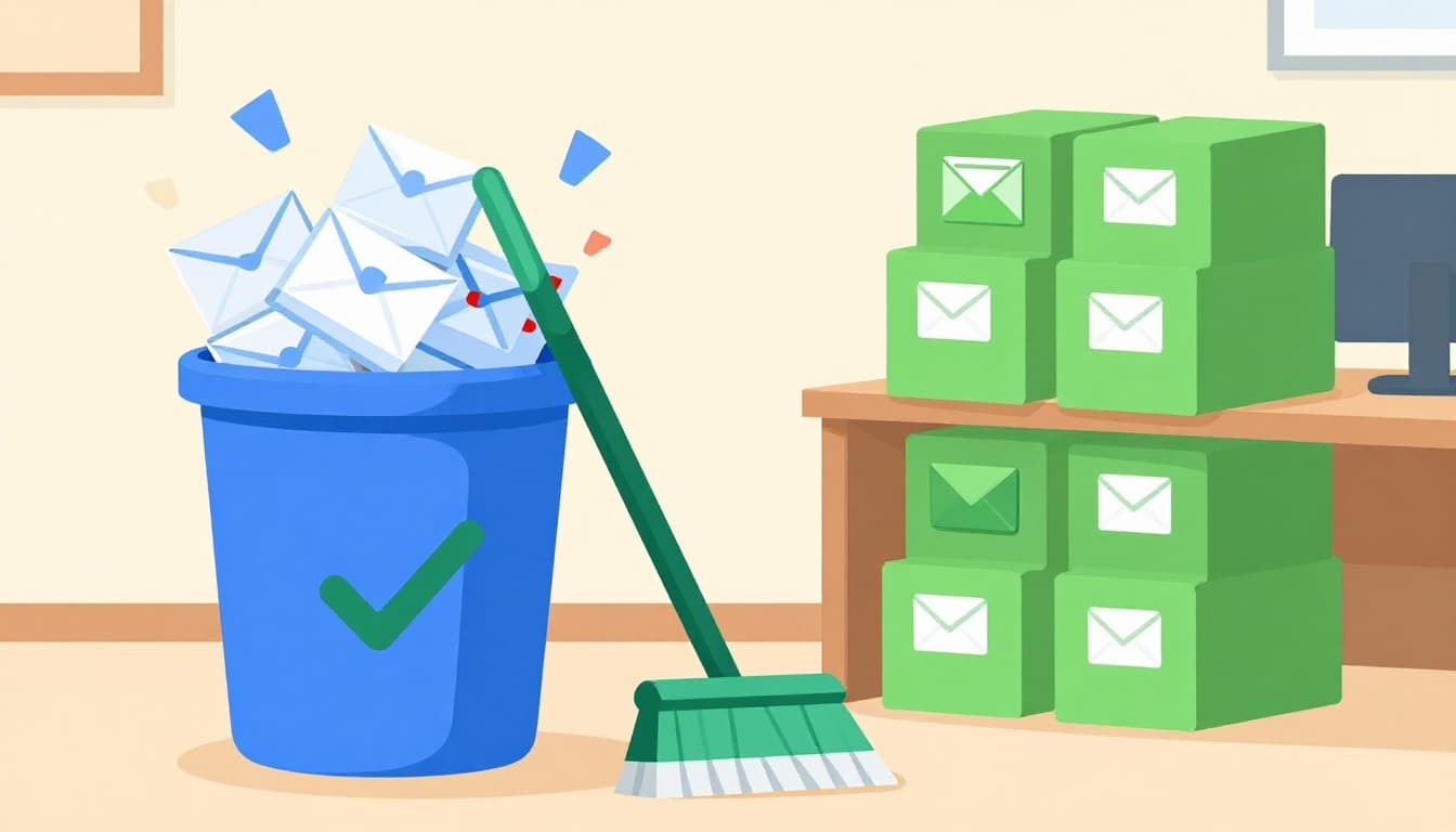 Modern illustration of a green verified checkmark broom sweeping cluttered invalid red-flagged emails into a trash bin, next to a neat stack of clean green emails on an office desk.
