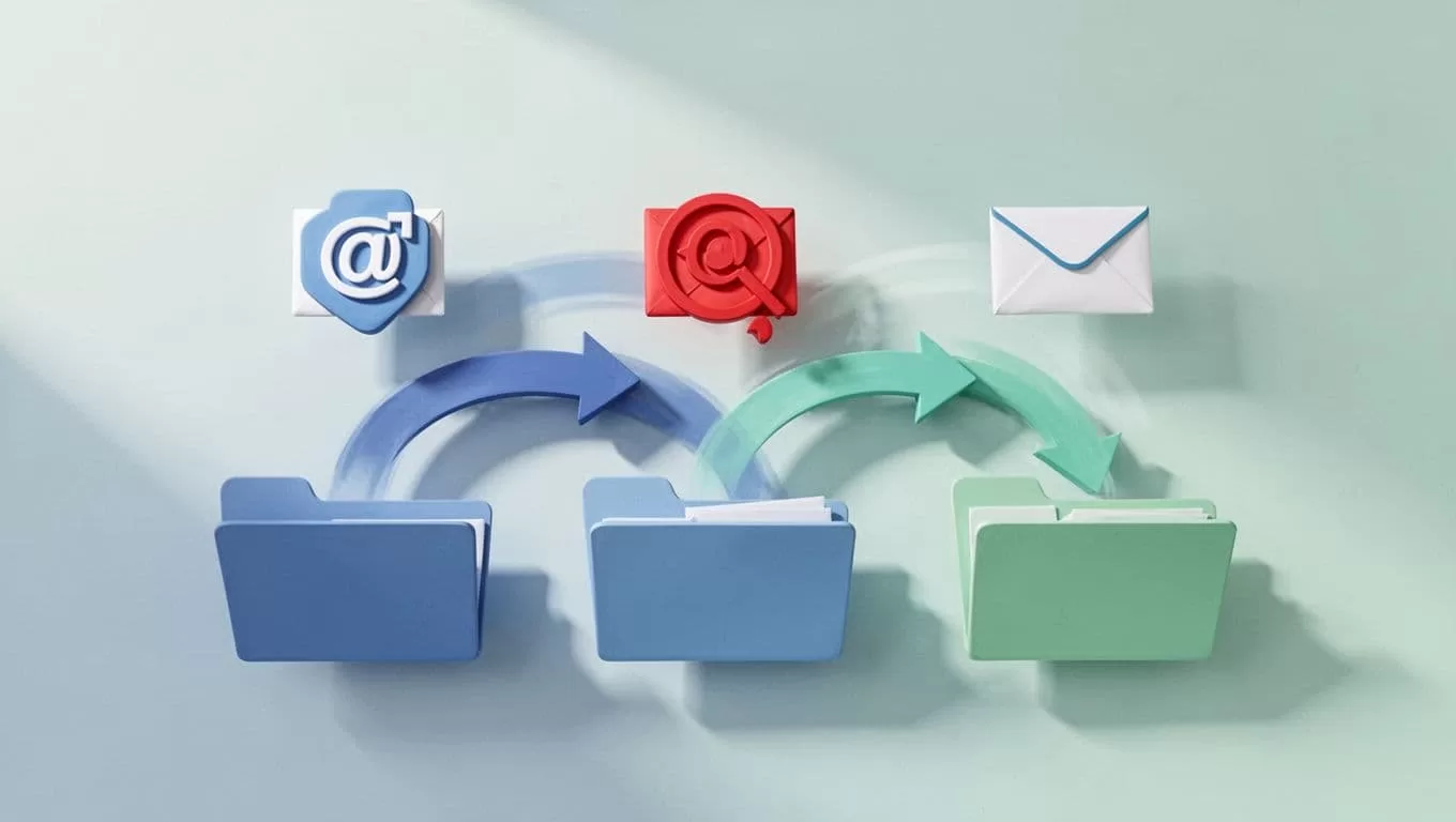 Modern illustration depicting email list segmentation process with icons for valid, risky, and suppressed emails flowing from Hunter.io results into folders. Abstract workflow diagram in clean shapes using controlled blues and greens palette.