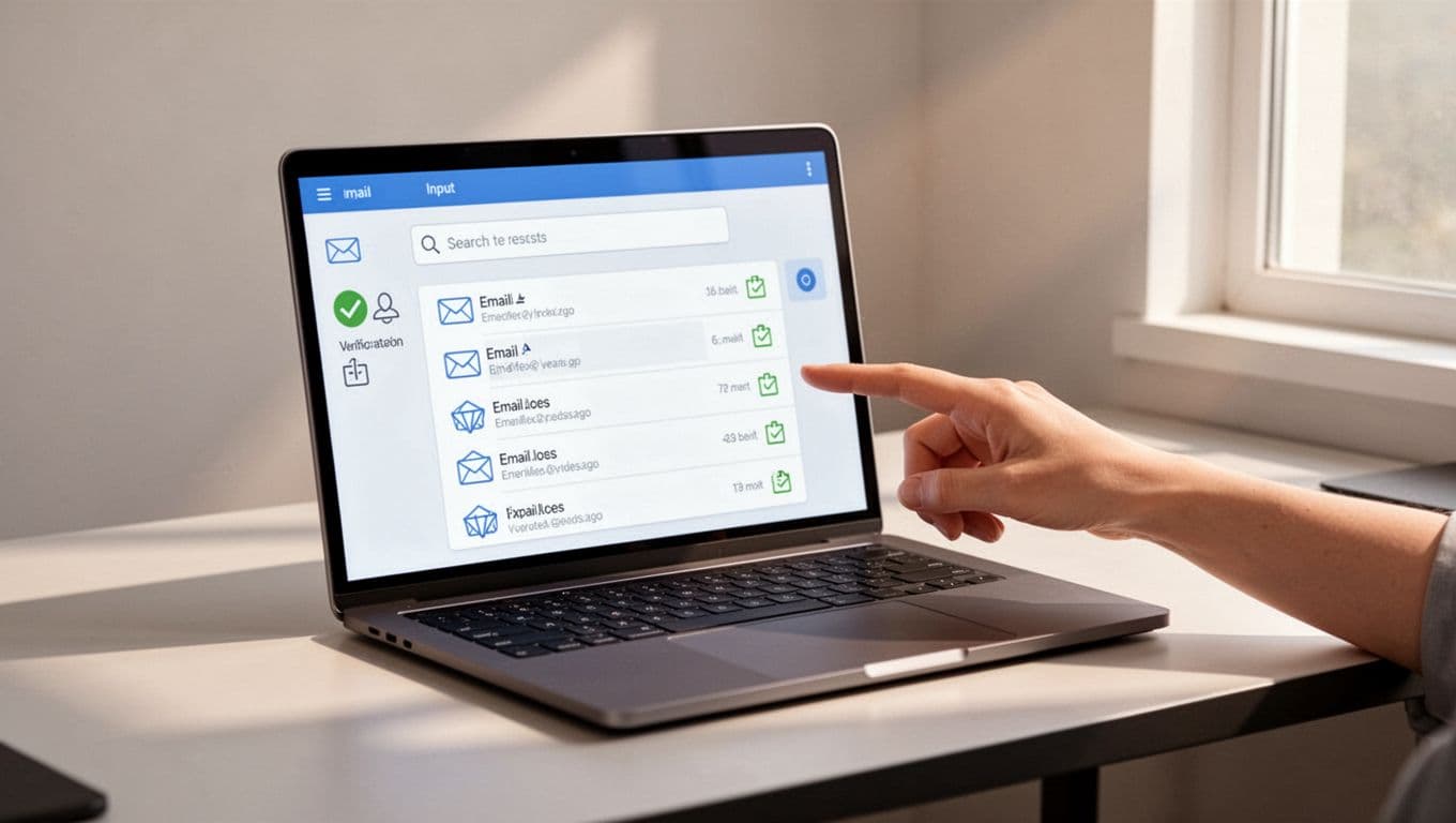 Illustration of workflow steps for email lookup by domain, showing laptop screen with domain input to email results list, verify and export icons, one pointing hand in modern desk setting with clean shapes.