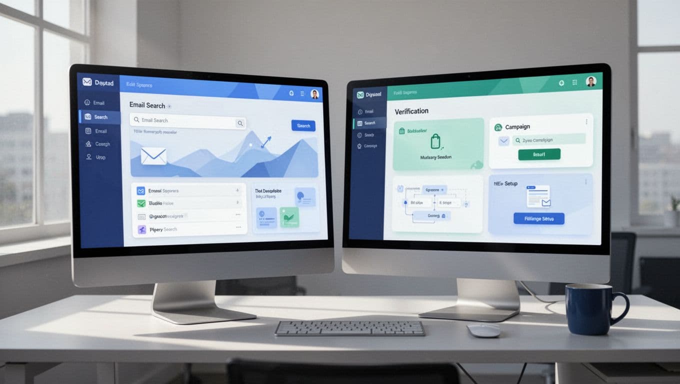 Modern illustration featuring side-by-side dashboards of two email tools on dual monitors, showing email search results on the left and verification with campaign setup on the right, set on an office desk with a coffee mug and soft window light.