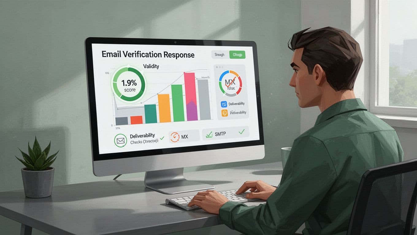 Modern illustration of a JSON response from an email validation API on a computer screen, highlighting a valid status with 95 score, blurred email address, and deliverability charts for MX and SMTP checks, with a developer reviewing in a clean workspace.