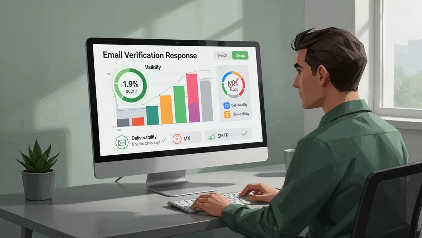 Modern illustration of a JSON response from an email validation API on a computer screen, highlighting a valid status with 95 score, blurred email address, and deliverability charts for MX and SMTP checks, with a developer reviewing in a clean workspace.