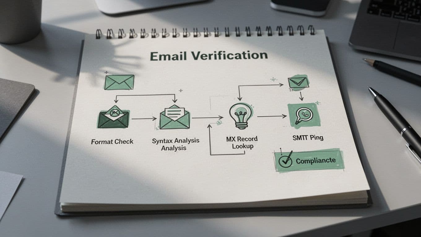 Modern illustration of a checklist or flowchart depicting the email verification process, including icons for syntax check, MX records, SMTP ping, and compliance notes, on a notepad in an office desk setting with a clean green and gray palette.