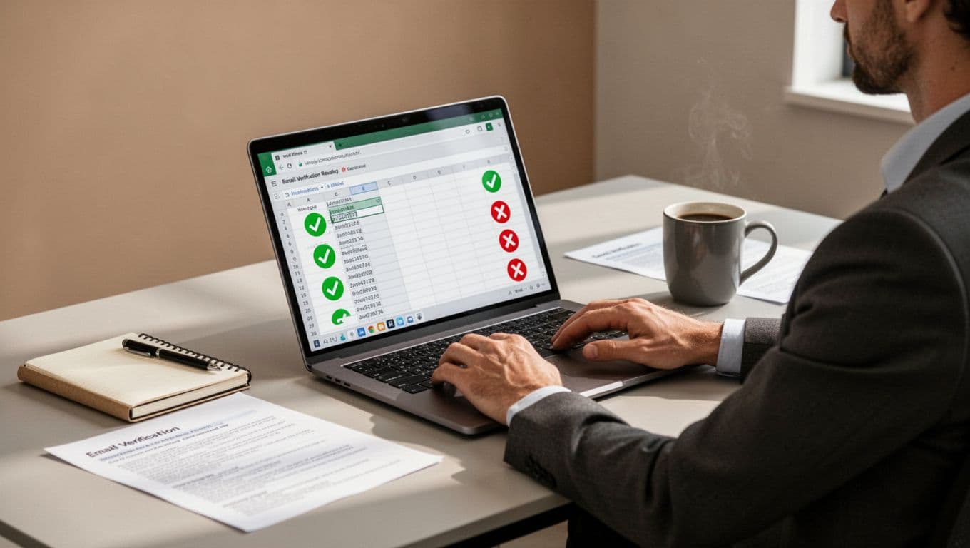 Modern illustration of a person at desk reviewing email verification results from Hunter.io on an angled laptop screen, featuring green checkmarks on verified emails, red X on invalid ones, organized spreadsheet, podcast show notes, and contact list nearby.