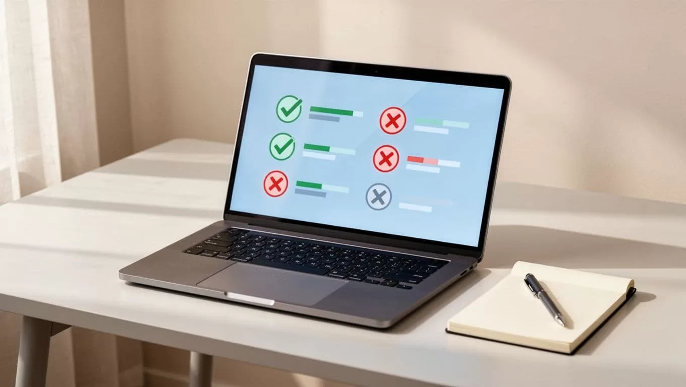 Modern illustration of a laptop on a desk showing email verification outcomes with green checkmarks for valid emails, red crosses for invalid ones, and subtle confidence score bars. Clean workspace includes notepad and pen, using soft blues, greens, and warm neutrals.