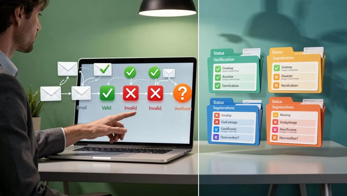 Modern illustration showing email verification process on a laptop in a simple workspace, with emails flowing through checkers displaying green checks for valid, red X for invalid, and orange questions for catch-all, organized into colorful segmented folders by status.