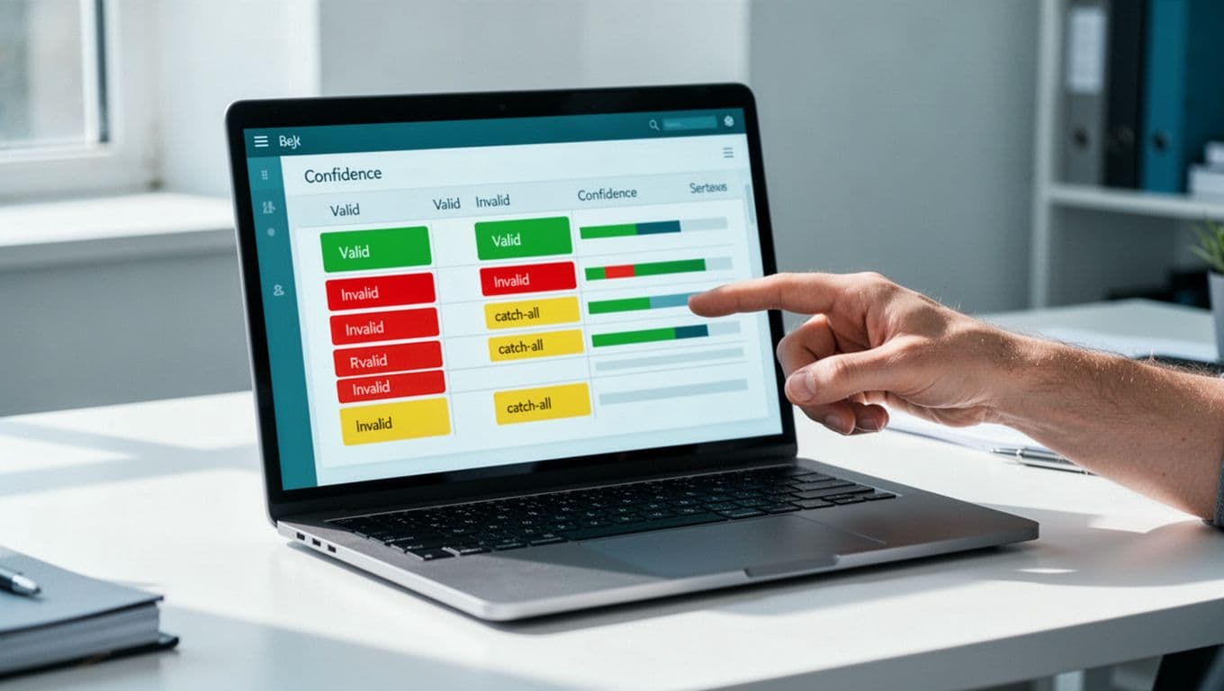Modern illustration of an email verification results table on a laptop screen in a bright workspace, featuring columns for email, color-coded status (green valid, red invalid, yellow catch-all), and confidence score bars, with one hand pointing at the screen.