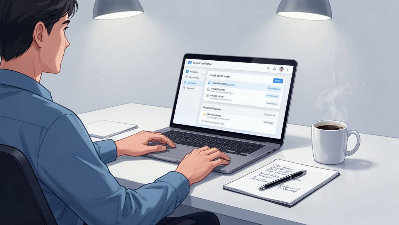 Modern illustration of one person at a clean workspace desk reviewing email verification results on a laptop screen with green check icons, notepad with outreach notes, pen, and coffee mug nearby in a relaxed pose.