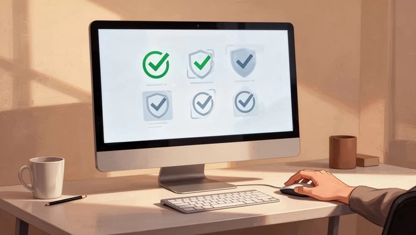 Closeup modern illustration of email verification tools on a screen displaying checkmarks, with a single hand resting on a mouse in a simple desk setup under warm lighting.