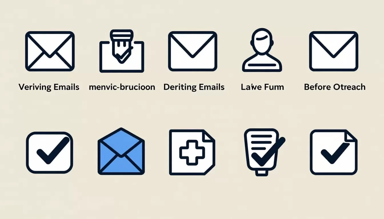 Modern illustration of a sequence of icons depicting email verification steps, featuring checkmarks on emails from a dentist, restaurant, and law firm, set against a simple neutral background with clean shapes and controlled colors.