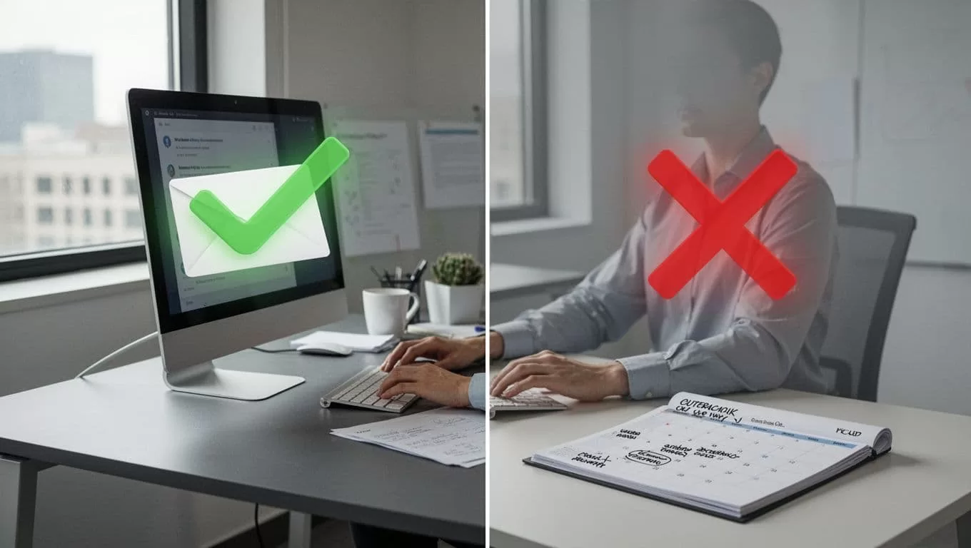 Modern split-scene illustration showing email verification checkmark success and bounce failure icon, calendar with outreach notes, and a relaxed professional at a computer in a soft office glow.