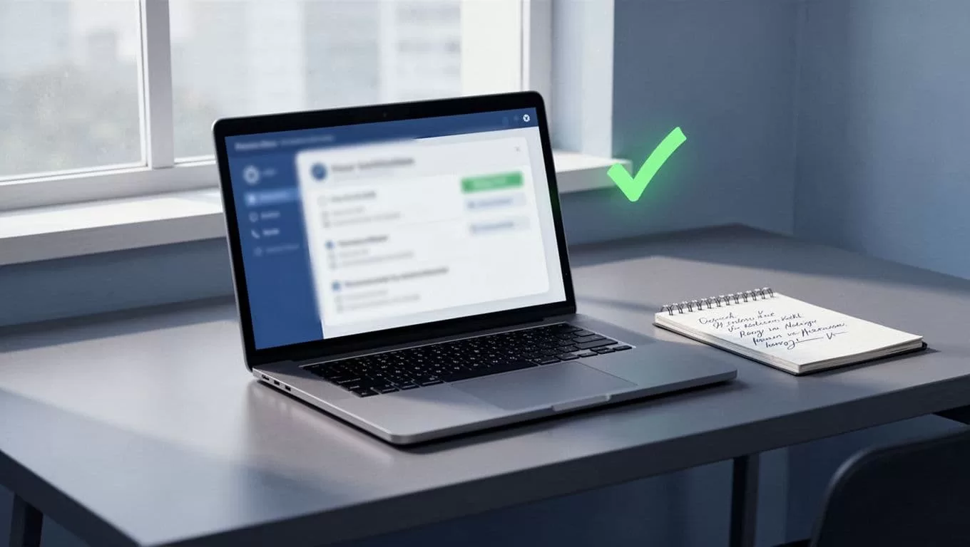 Clean modern illustration of a workspace desk with laptop showing blurred Hunter.io email verification results, subtle green check icon, and notepad with verified list under natural window light.
