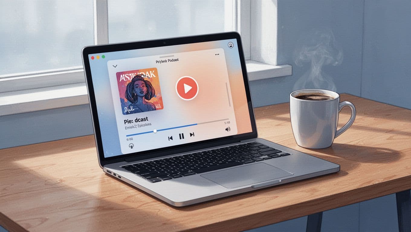 Laptop on wooden desk shows browser window with stylized podcast player, play button, progress bar, and episode artwork; coffee mug nearby.