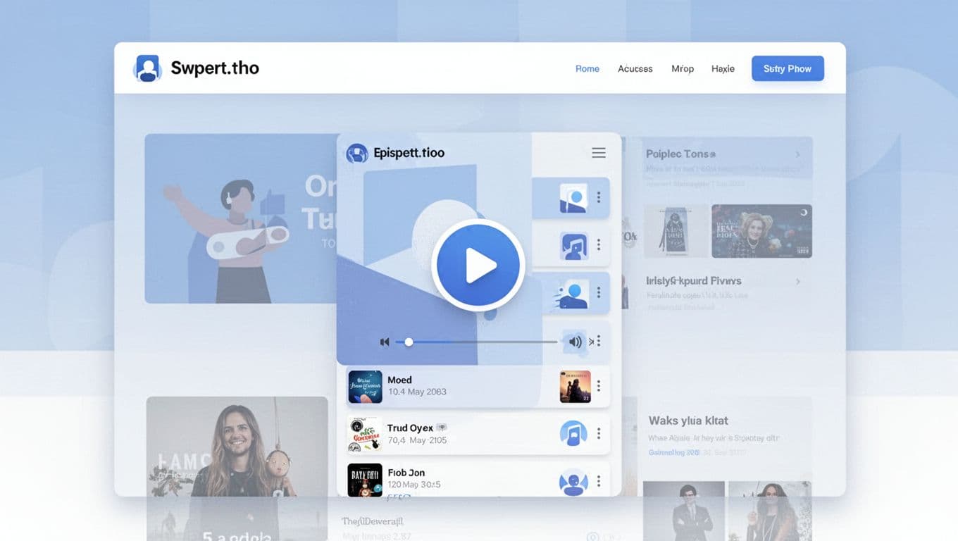 Modern illustration featuring a fully embedded custom Transistor podcast player on a blog post page, with play button and episode list in a responsive desktop layout using blues and whites.