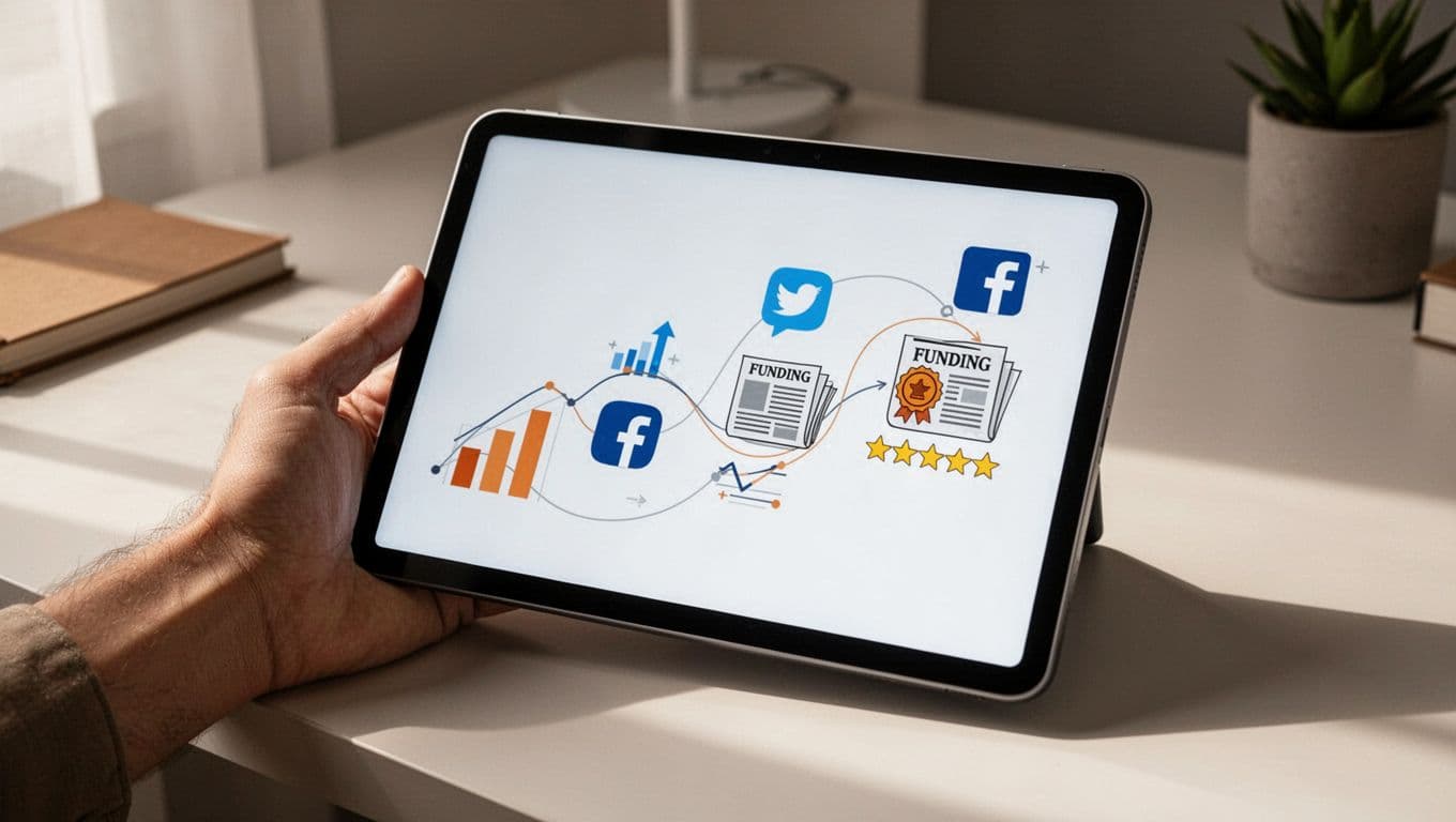 Modern illustration of checklist icons representing brand validation criteria like search growth graphs, social media icons, funding newspaper, and customer review stars, arranged in a flowchart on a digital tablet held by one hand in a desk setting.