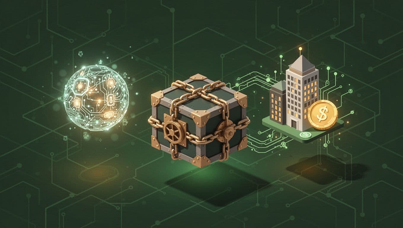 Modern abstract illustration depicting emerging DeFi tools: a glowing orb for an AI agent, a locked chest with chains for a vault, and real estate plus bond symbols linked to blockchain for RWA tokens, arranged in a dynamic triangular composition with clean shapes in green and gold tones.