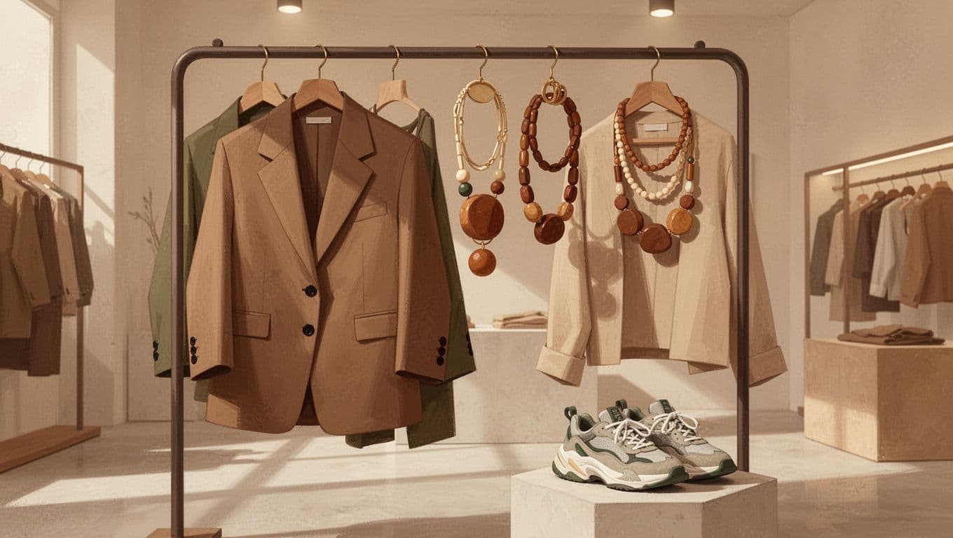 Modern illustration of clothing racks showcasing emerging fashion items like oversized blazers, earthy tones jewelry, and sustainable sneakers in a minimalist boutique with warm ambient lighting.