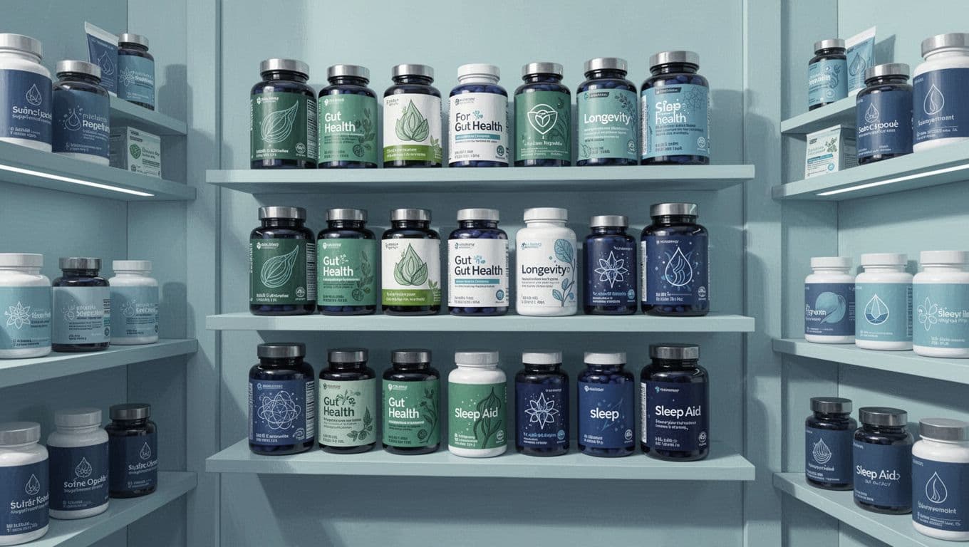 Modern illustration in clean shapes and blue-green palette showing store shelves with supplement bottles for gut health, longevity boosters, and sleep aids.