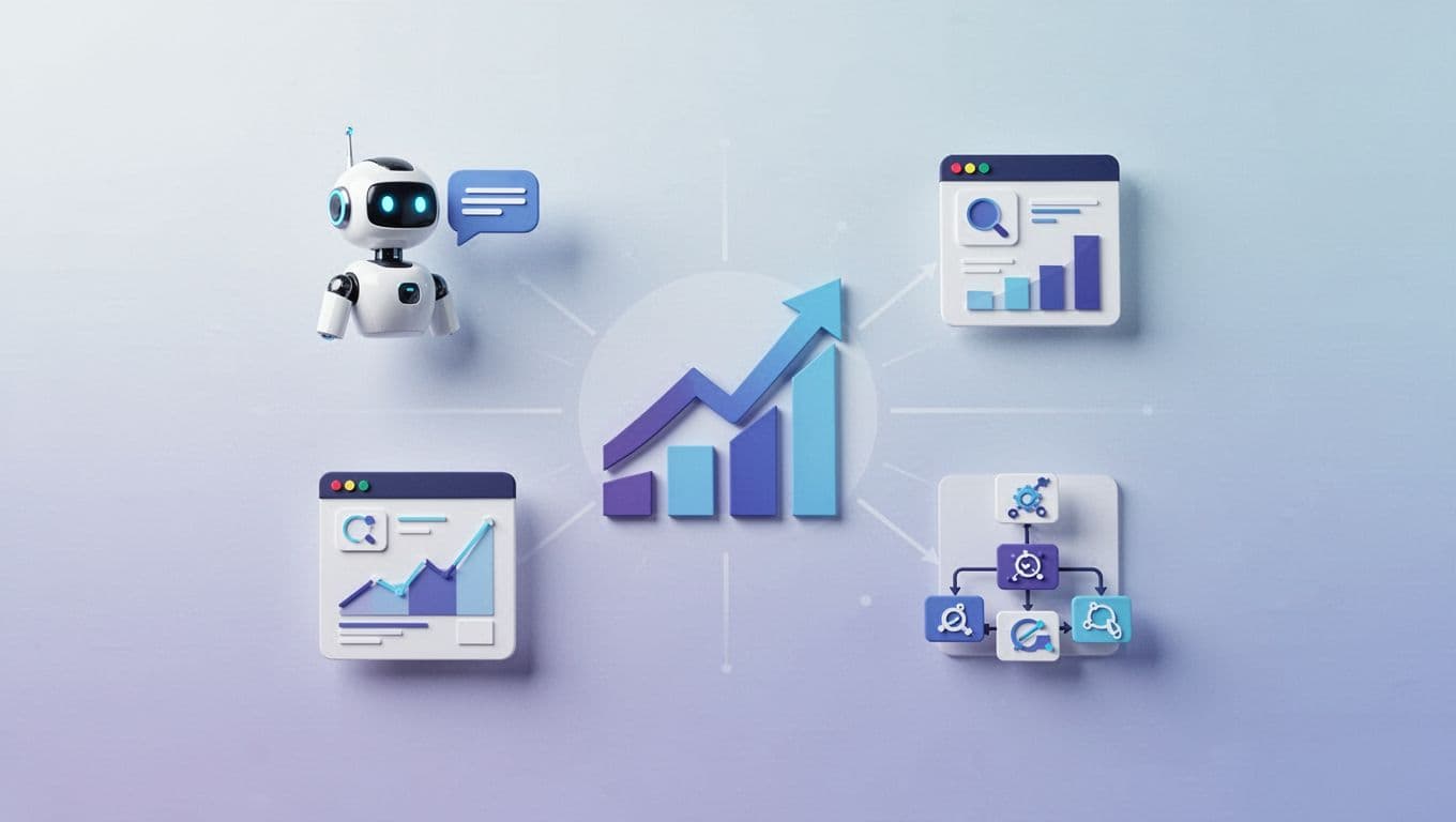 Modern illustration featuring icons of AI chatbots, analytics dashboards, and automation workflows arranged around a central growth chart on a clean background.