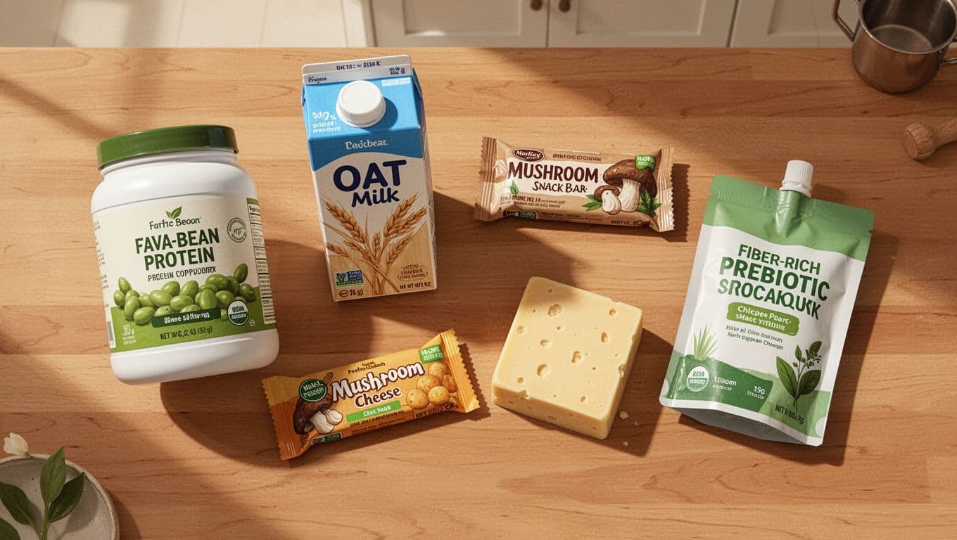 Modern top-down illustration of trending plant-based products on a wooden kitchen counter, featuring fava bean protein powder, oat milk carton, mushroom snack bar, chickpea cheese block, and fiber-rich prebiotic drink pouch in vibrant natural colors with clean shapes and strong lighting.