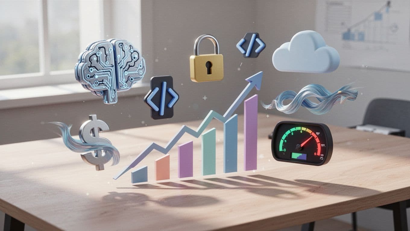 Modern illustration of icons for agentic AI brain, cybersecurity lock, developer code tools, SaaS cloud, fintech money flow, and HR dashboard dynamically arranged around upward-trending graph lines on a light office desk surface.